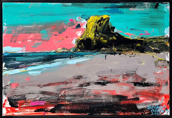 Christian Nicolson nz abstract landscape art, sunset piha, acrylic